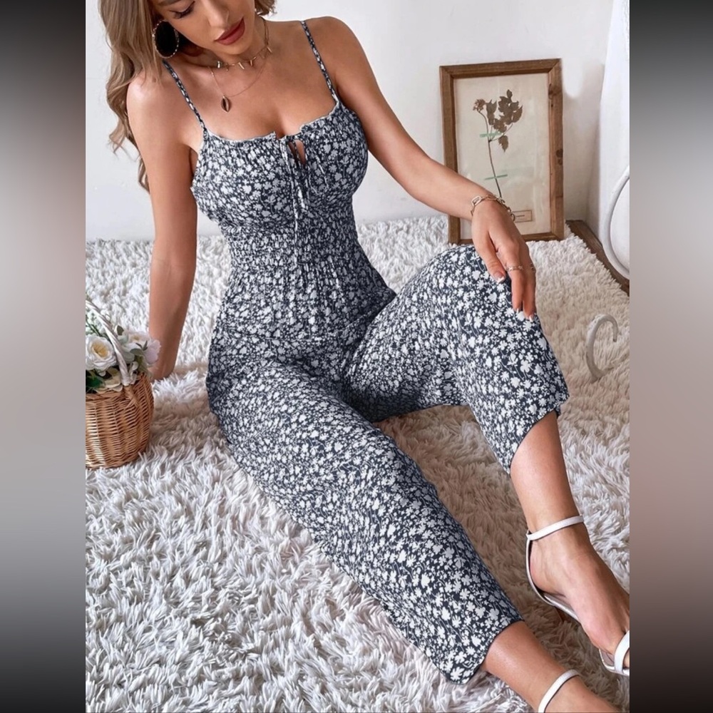 Floral Tie-Waist Shirred Waist Cami Jumpsuit